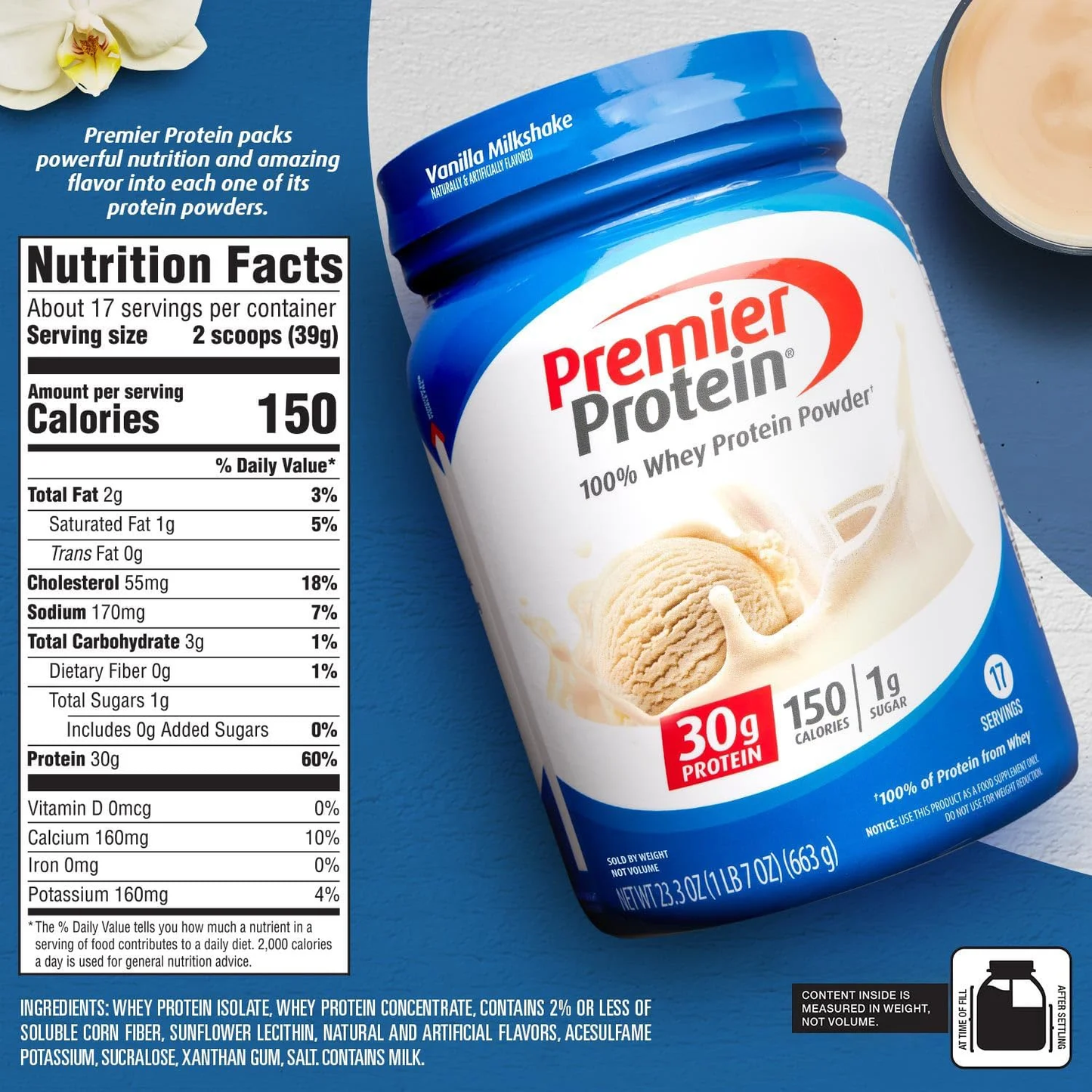 Saim Premier Protein 100% Whey Protein Powder, Vanilla Milkshake, 30g Protein, 23.3 oz, 1.7 lb