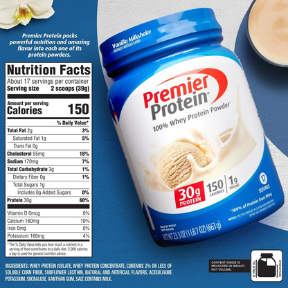 Saim Premier Protein 100% Whey Protein Powder, Vanilla Milkshake, 30g Protein, 23.3 oz, 1.7 lb