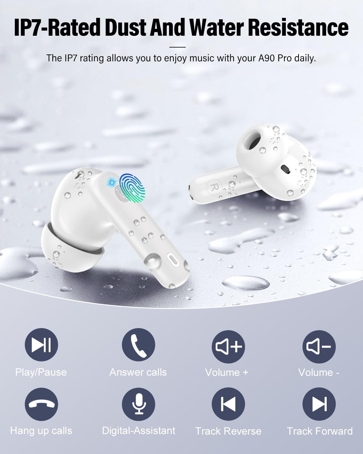 Wireless Earbuds Bluetooth 5.4 – In-Ear Headphones with Noise-Cancelling Microphone, Deep Bass Stereo Sound, LED Display, IP7 Waterproof Earphones for Phones, Sports, Laptop & Everyday Use, White