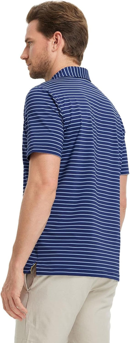 M MAELREG M MAELREG Men's Golf Polo Shirt – Moisture-Wicking Striped Dry-Fit Performance Shirt, Breathable Short Sleeve Polo for Golf, Sports, Work & Business Casual Wear