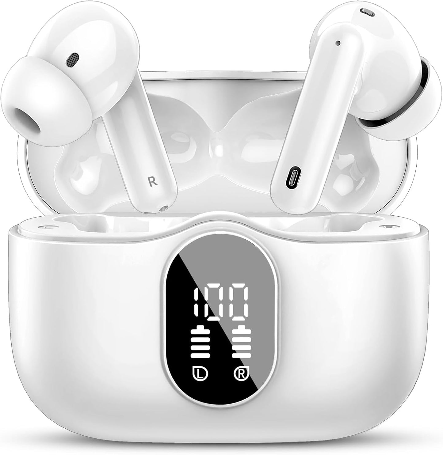 Wireless Earbuds Bluetooth 5.4 – In-Ear Headphones with Noise-Cancelling Microphone, Deep Bass Stereo Sound, LED Display, IP7 Waterproof Earphones for Phones, Sports, Laptop & Everyday Use, White