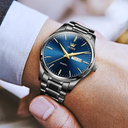 OLEVS OLEVS Men's Gold Watch – Waterproof Stainless Steel Luxury Dress Watch with Date Display, Lightweight Classic Wristwatch for Business & Casual Wear, White, Blue & Green Dial Options