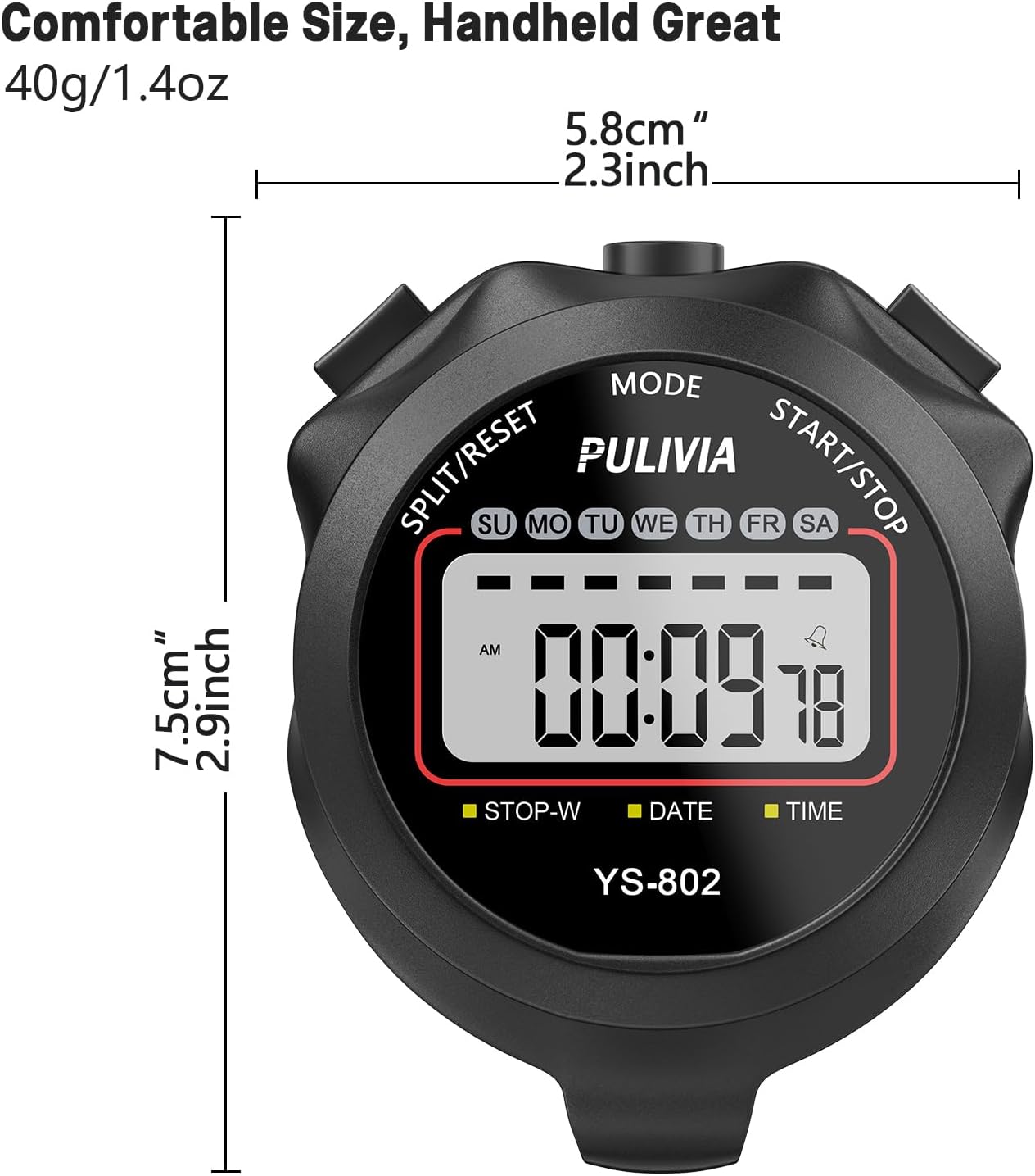 Sports Stopwatch Timer – Digital Single Lap Split Stopwatch for Kids, Coaches & Athletes, Easy-to-Read Timer for Swimming, Running, Training & Sports Activities, Black