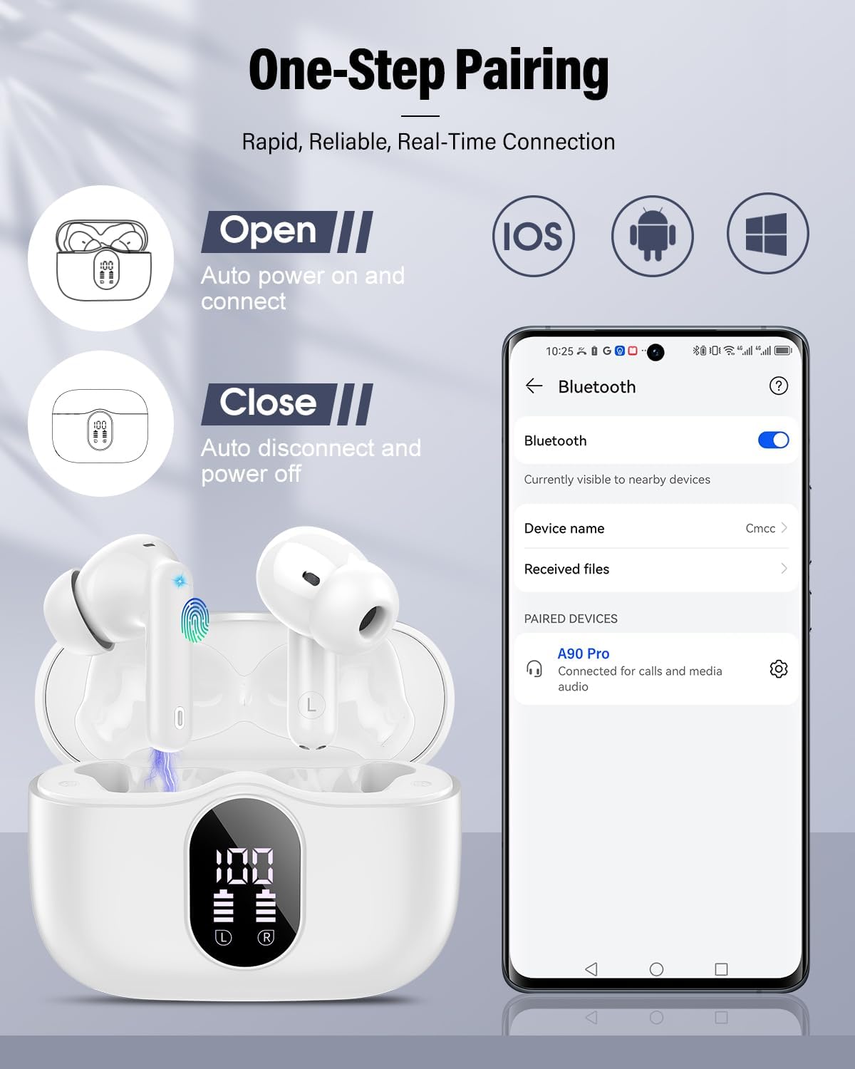 Wireless Earbuds Bluetooth 5.4 – In-Ear Headphones with Noise-Cancelling Microphone, Deep Bass Stereo Sound, LED Display, IP7 Waterproof Earphones for Phones, Sports, Laptop & Everyday Use, White