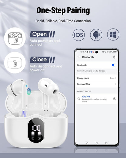 Wireless Earbuds Bluetooth 5.4 – In-Ear Headphones with Noise-Cancelling Microphone, Deep Bass Stereo Sound, LED Display, IP7 Waterproof Earphones for Phones, Sports, Laptop & Everyday Use, White