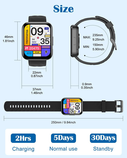 RUIMEN RUIMEN Smart Watch for Men & Women – Bluetooth Calling Smartwatch Compatible with iPhone & Android, 1.85" HD Screen, Heart Rate Monitor, 100+ Sports Modes, Waterproof Fitness Tracker, Black