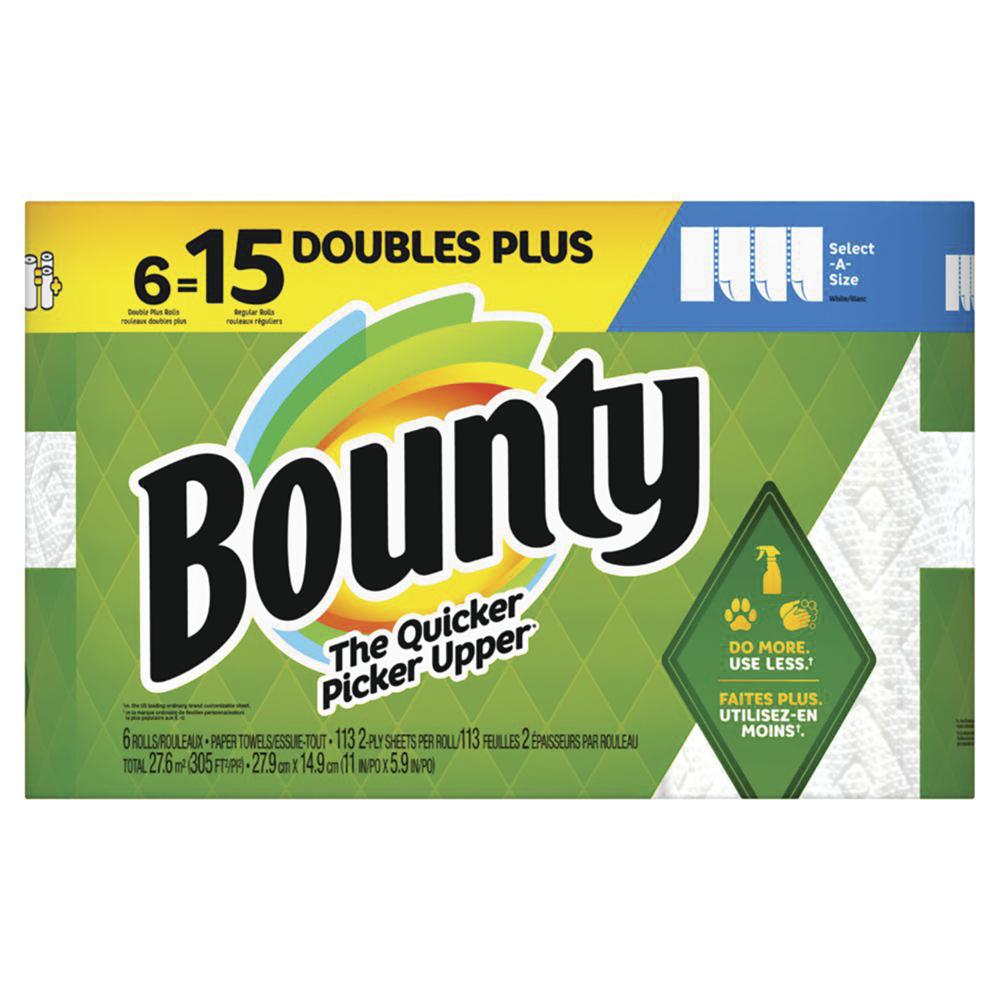 Saim Bounty Paper Towels - 6 Double Plus rolls = 15 regular rolls Select-A-Size white sheets