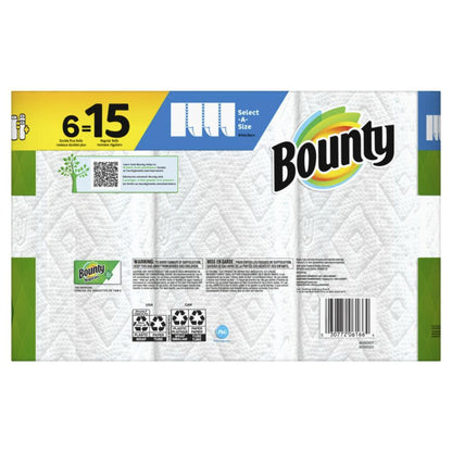 Saim Bounty Paper Towels - 6 Double Plus rolls = 15 regular rolls Select-A-Size white sheets