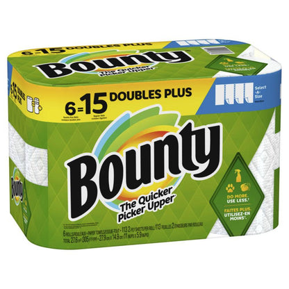 Saim Bounty Paper Towels - 6 Double Plus rolls = 15 regular rolls Select-A-Size white sheets