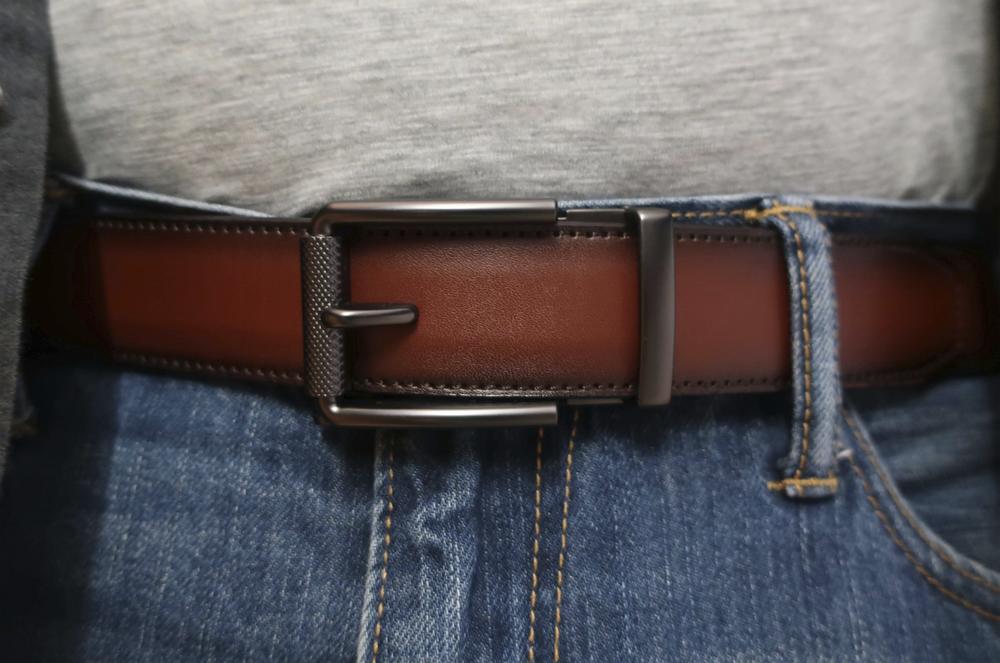otion by Boconi Men’s Cognac Leather Track Lock Belt — Sleek, Adjustable Fit