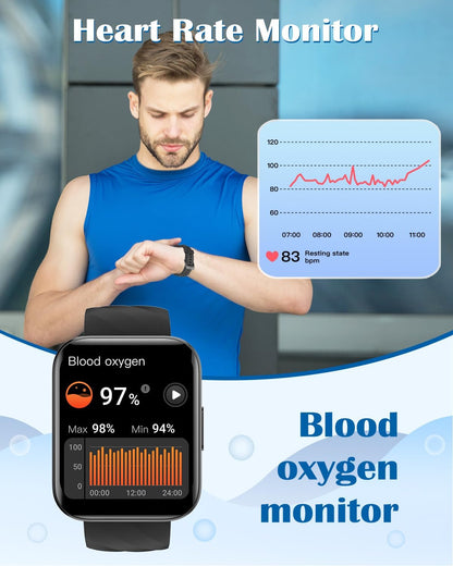 RUIMEN RUIMEN Smart Watch for Men & Women – Bluetooth Calling Smartwatch Compatible with iPhone & Android, 1.85" HD Screen, Heart Rate Monitor, 100+ Sports Modes, Waterproof Fitness Tracker, Black