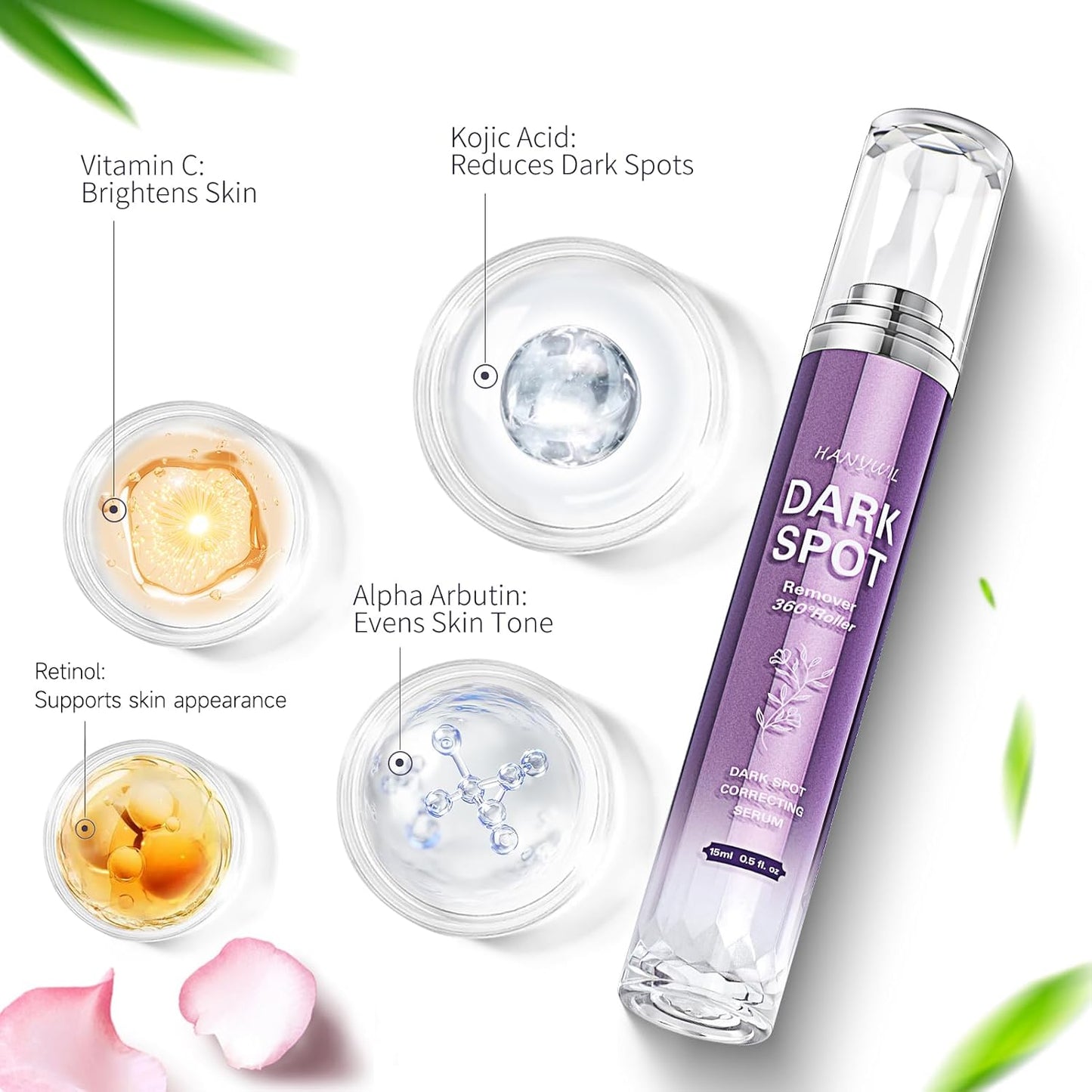 HANYWIL HANYWIL Dark Spot Remover for Face & Body – Brightening Serum with Roller Applicator for Age Spots, Sun Spots, Freckles & Uneven Skin Tone, Skincare Treatment Formula