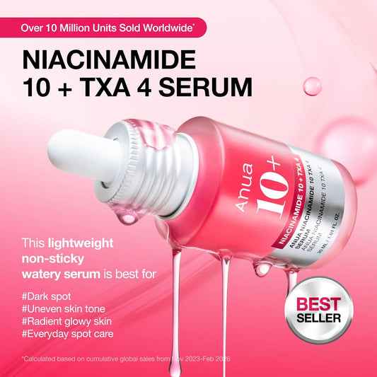 Anua Anua Niacinamide 10% + TXA 4% Serum – Korean Skincare Dark Spot Treatment with Hyaluronic Acid & Tranexamic Acid, Lightweight Hydrating Facial Serum for Bright, Even-Toned Glass Skin, 1.01 fl oz (30 mL)