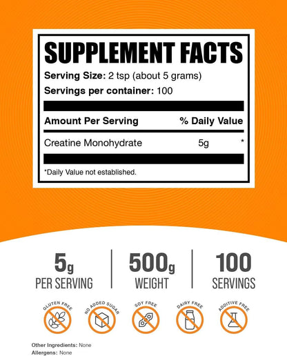 BulkSupplements.com BulkSupplements.com Creatine Monohydrate Powder – Micronized Unflavored Creatine, Pure & Gluten-Free, 5g per Serving for Strength, Performance & Recovery, 500g (1.1 lbs) Pack of 1
