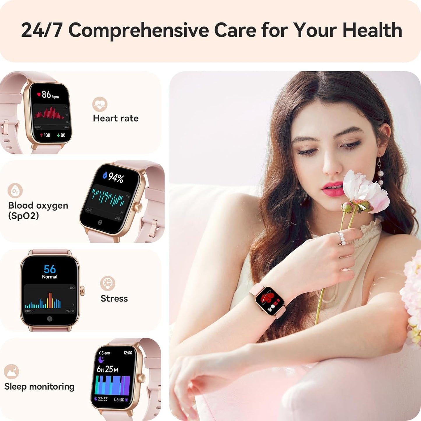 Women's Smartwatch for Android & iPhone – Bluetooth Calls, Heart Rate, SpO2 & Sleep Monitor with 100+ Sports Modes