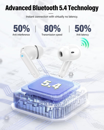Wireless Earbuds Bluetooth 5.4 – In-Ear Headphones with Noise-Cancelling Microphone, Deep Bass Stereo Sound, LED Display, IP7 Waterproof Earphones for Phones, Sports, Laptop & Everyday Use, White