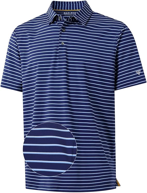 M MAELREG M MAELREG Men's Golf Polo Shirt – Moisture-Wicking Striped Dry-Fit Performance Shirt, Breathable Short Sleeve Polo for Golf, Sports, Work & Business Casual Wear