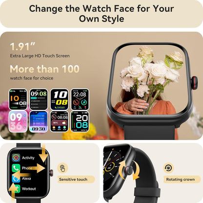 Smart Watch for Women & Men – Bluetooth Calling Smartwatch for iPhone & Android, Built-in Alexa, 1.91" HD Display, 105+ Sport Modes, IP68 Waterproof, Sleep, Heart Rate, SpO2 & Stress Tracking