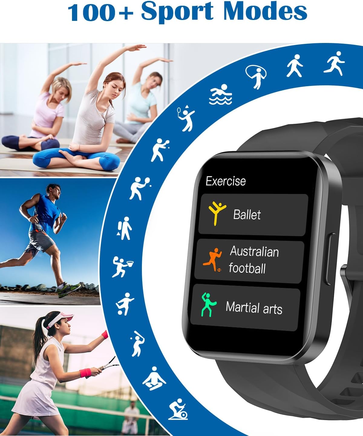 RUIMEN RUIMEN Smart Watch for Men & Women – Bluetooth Calling Smartwatch Compatible with iPhone & Android, 1.85" HD Screen, Heart Rate Monitor, 100+ Sports Modes, Waterproof Fitness Tracker, Black