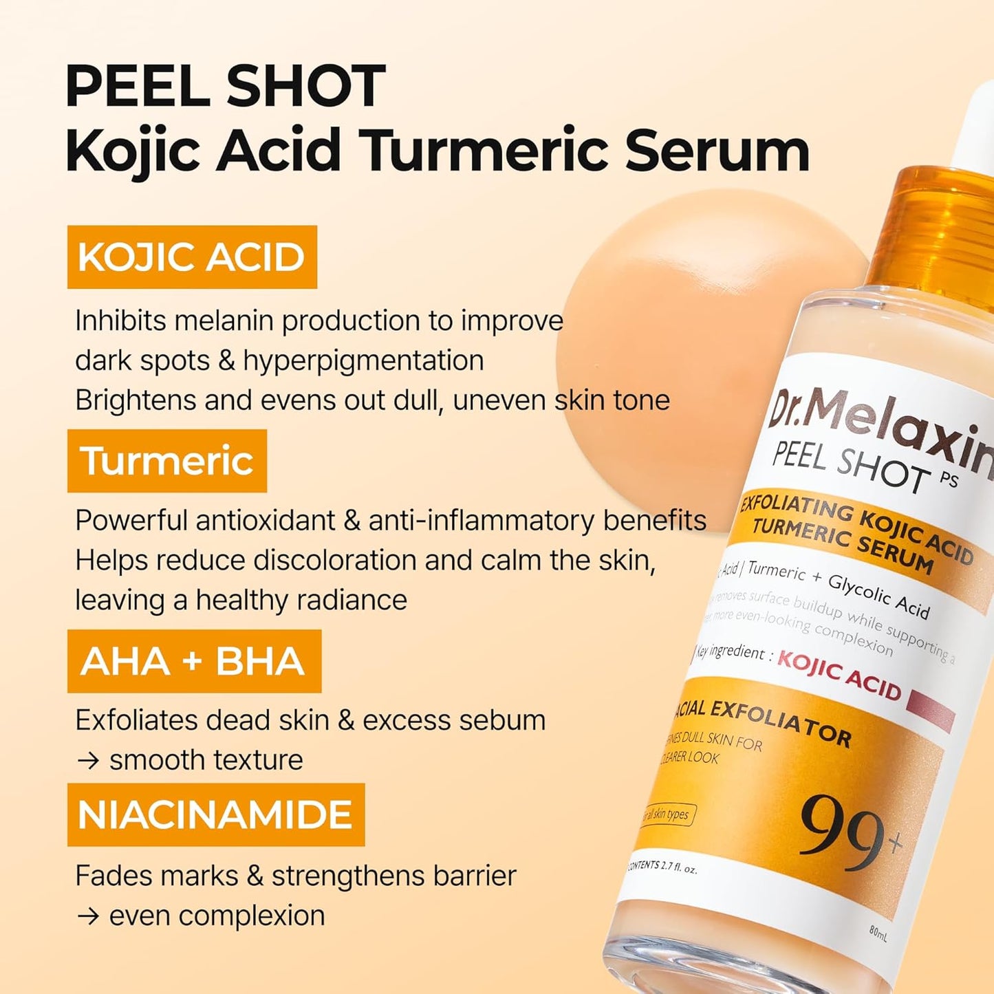Dr. Melaxin Dr. Melaxin Peel Shot Serum – Kojic Acid, Turmeric, AHA/BHA & Niacinamide Dark Spot Corrector for Brightening, Exfoliating & Even-Tone Skin, 80 mL / 2.70 fl oz