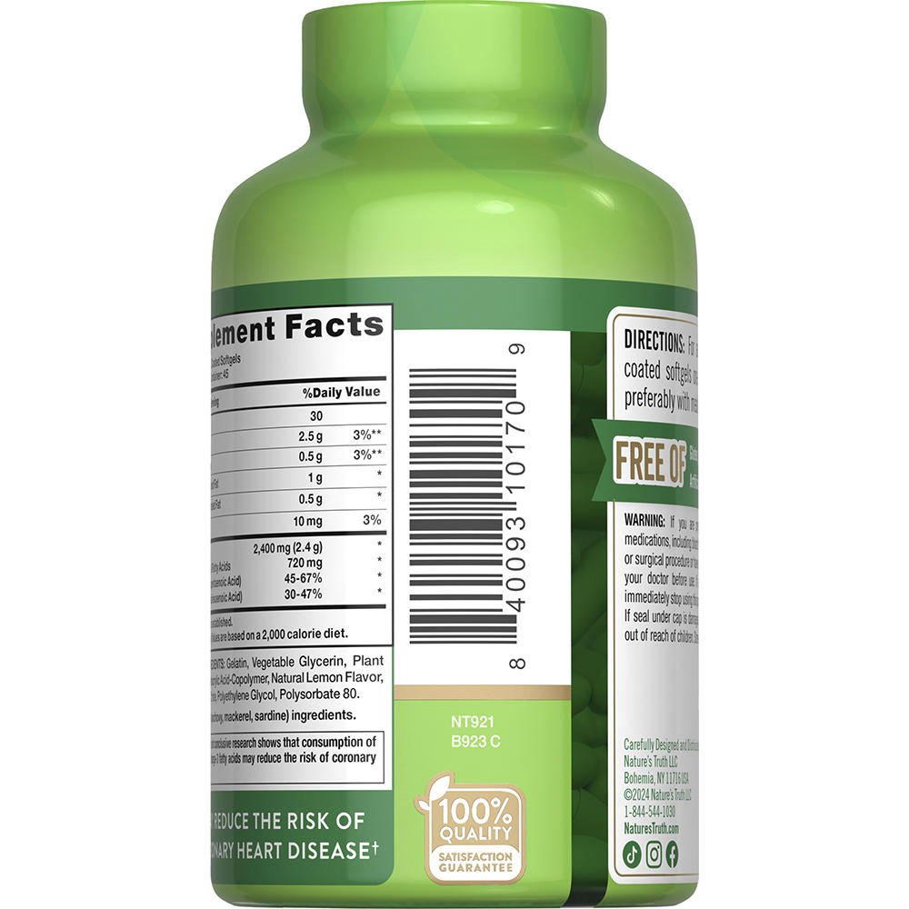 Nature's Truth® Odorless Fish Oil 2400 mg — Lemon Coated Softgels, 90 Count, Omega-3 Supplement