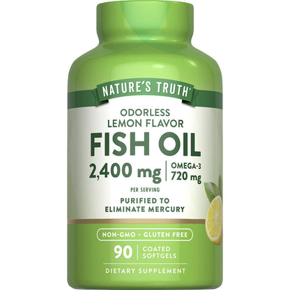 Nature's Truth® Odorless Fish Oil 2400 mg — Lemon Coated Softgels, 90 Count, Omega-3 Supplement