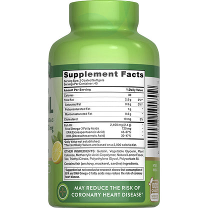 Nature's Truth® Odorless Fish Oil 2400 mg — Lemon Coated Softgels, 90 Count, Omega-3 Supplement