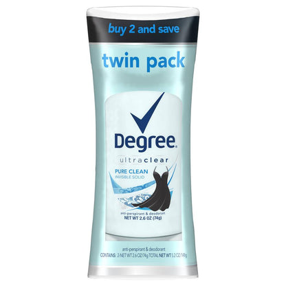 Degree® UltraClear Pure Clean Antiperspirant Deodorant — 2.6 oz, 2 Pack, No White Marks Protection