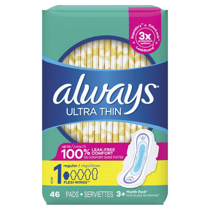 Always Ultra Thin Unscented Pads with Flexi-Wings — All-Day Comfort & Protection (46 Count)