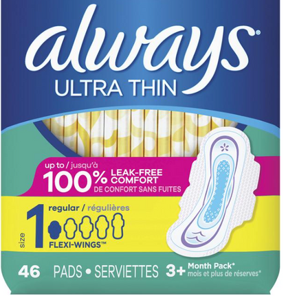 Always Ultra Thin Unscented Pads with Flexi-Wings — All-Day Comfort & Protection (46 Count)